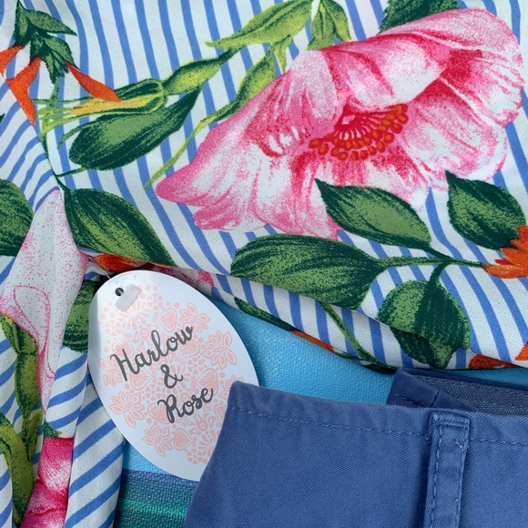 SOLD Harlow & Rose Blue Striped Floral Shoulder Top - Picture 6 of 11